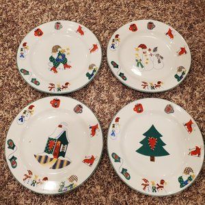 (Set of 4) Ro Gregg Welcome Winter Salad Plates Christmas Stoneware Farmhouse 